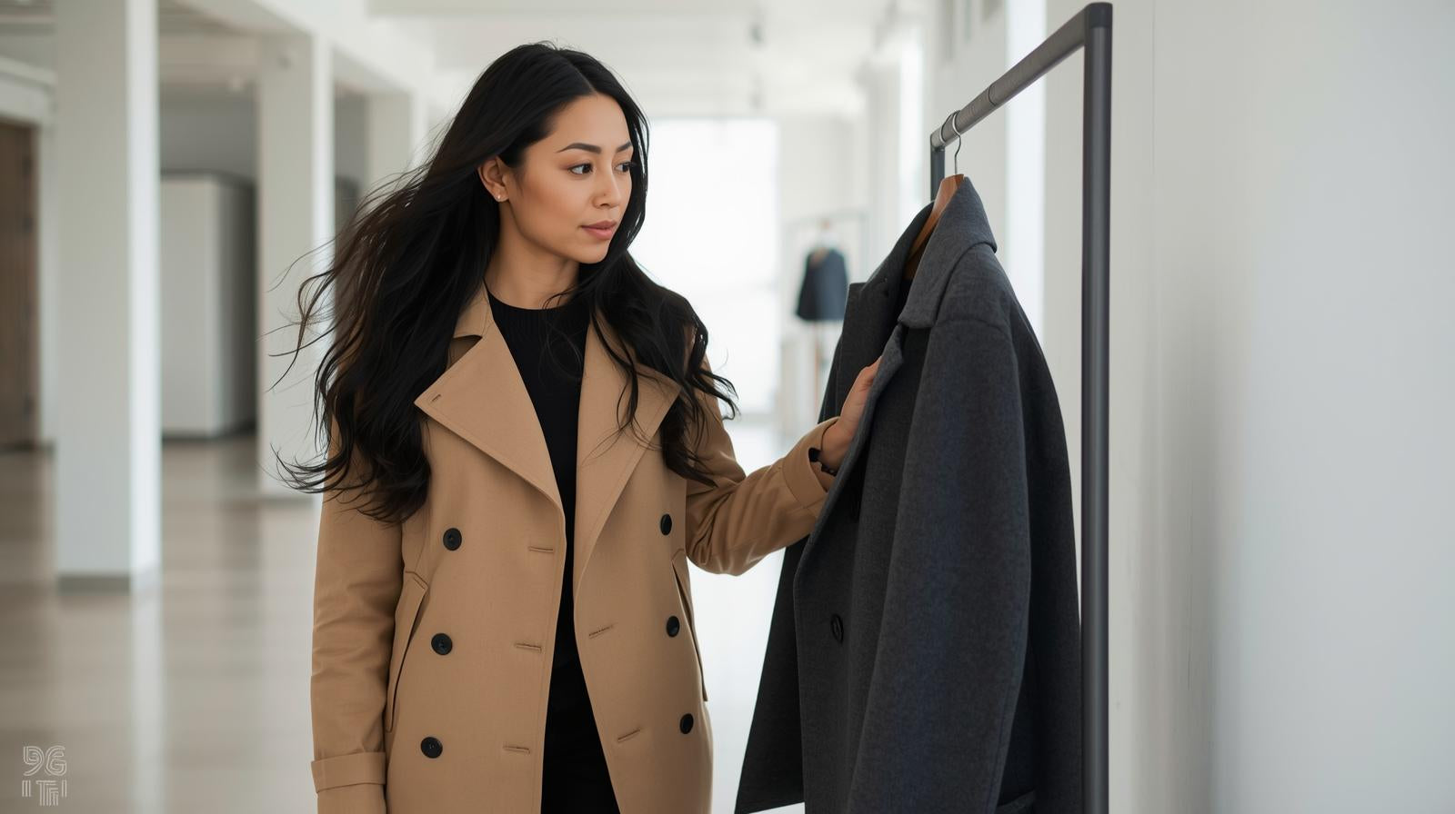 A_Woman_walking_in_modern_interior_space_and_testing_an_outfit._The_outfit_is_a_coat.jpg